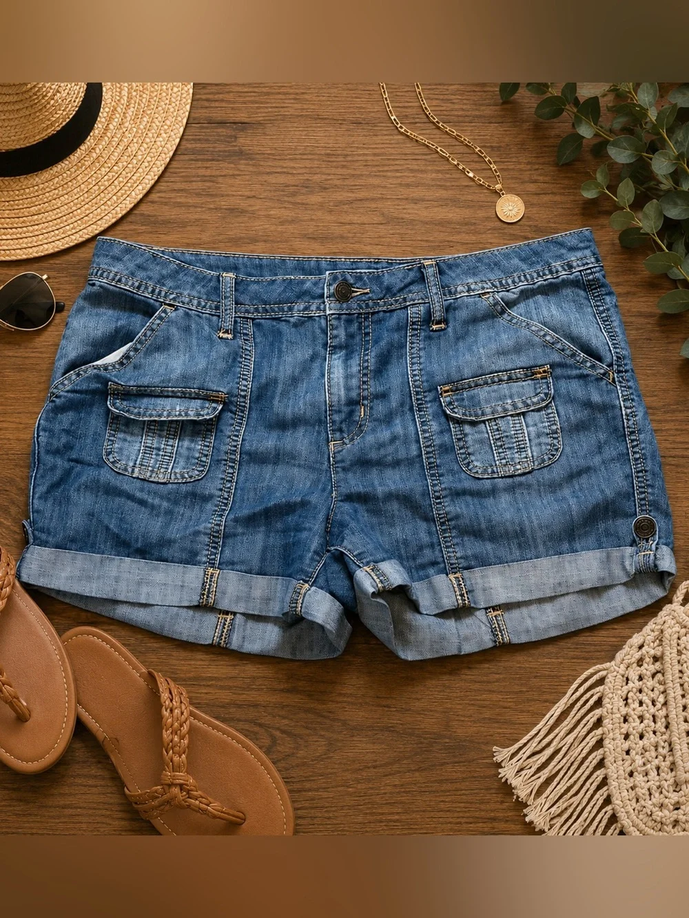 Cato Medium Wash Denim Cargo Shorts Size 10 Cuffed Hem Pocket Detail Casual